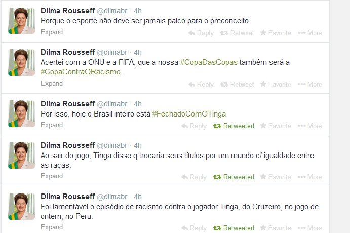 Dilma afirma que “o Brasil inteiro está #FechadoComOTinga”