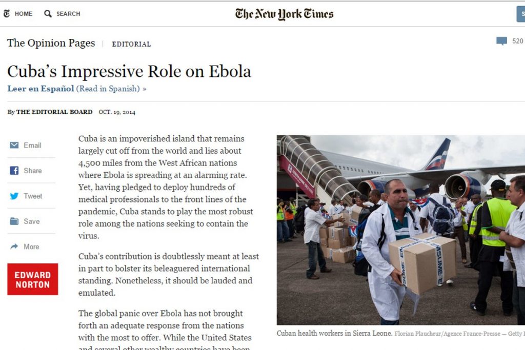 New York Times elogia visão global da medicina cubana contra o ebola