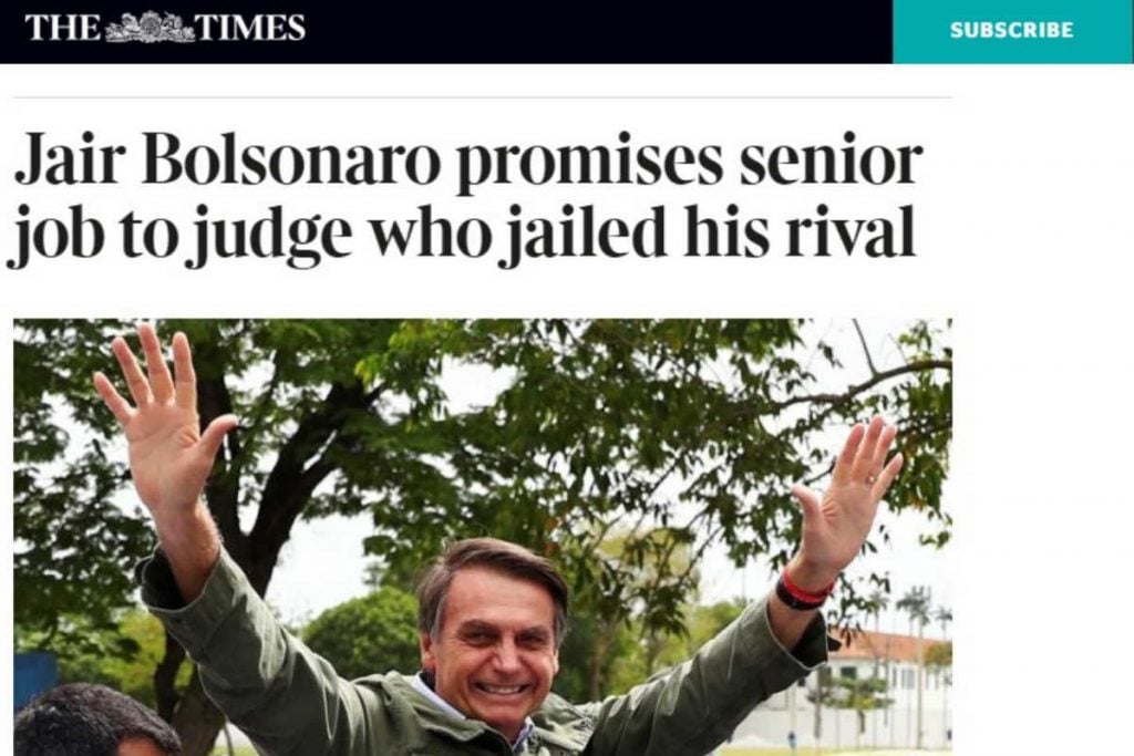 Jornais estrangeiros destacam papel de Moro para a eleição de Bolsonaro