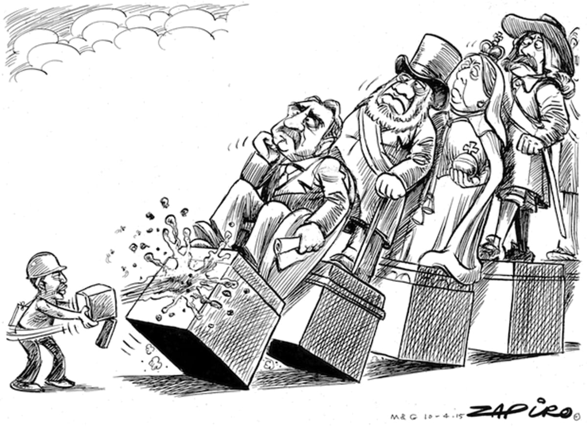 Caricatura do cartunista sul-africano Zapiro mostrando a derrubada da estátua de Cecil Rhodes. Publicada originalmente no Mail&Guardian