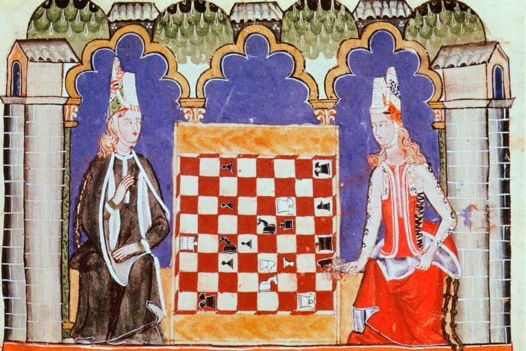 Xadrez antigo|Iluminura mostra uma partida de xadrez na Idade Média|Senet