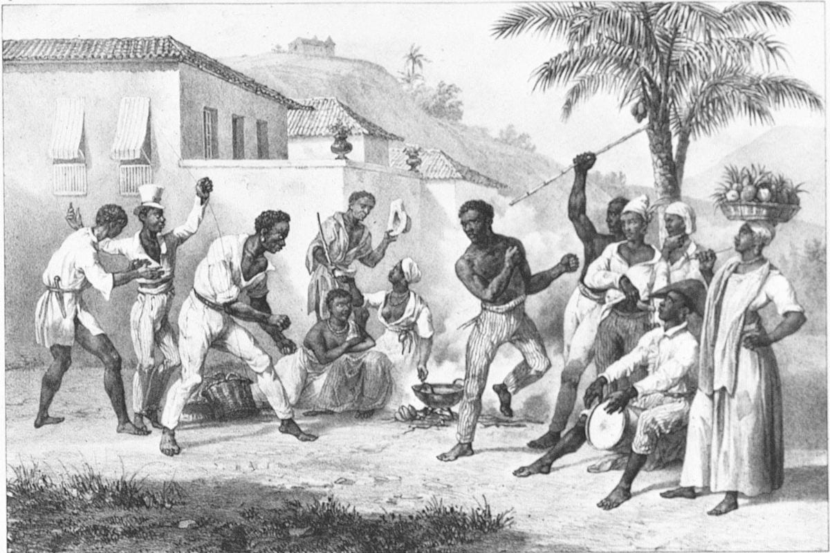 |Ilustração mostra escravos jogando capoeira