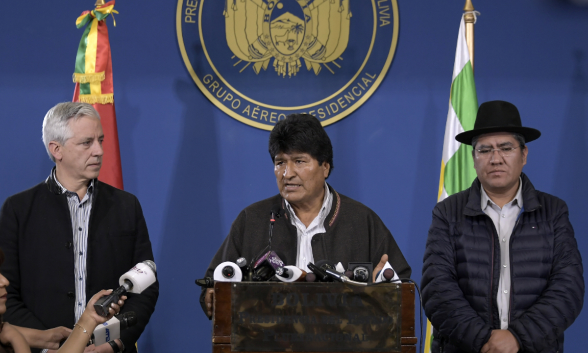 Evo Morales e seu vice-presidente, Álvaro García.
Foto: Freddy ZARCO / Bolivian Presidency / AFP 