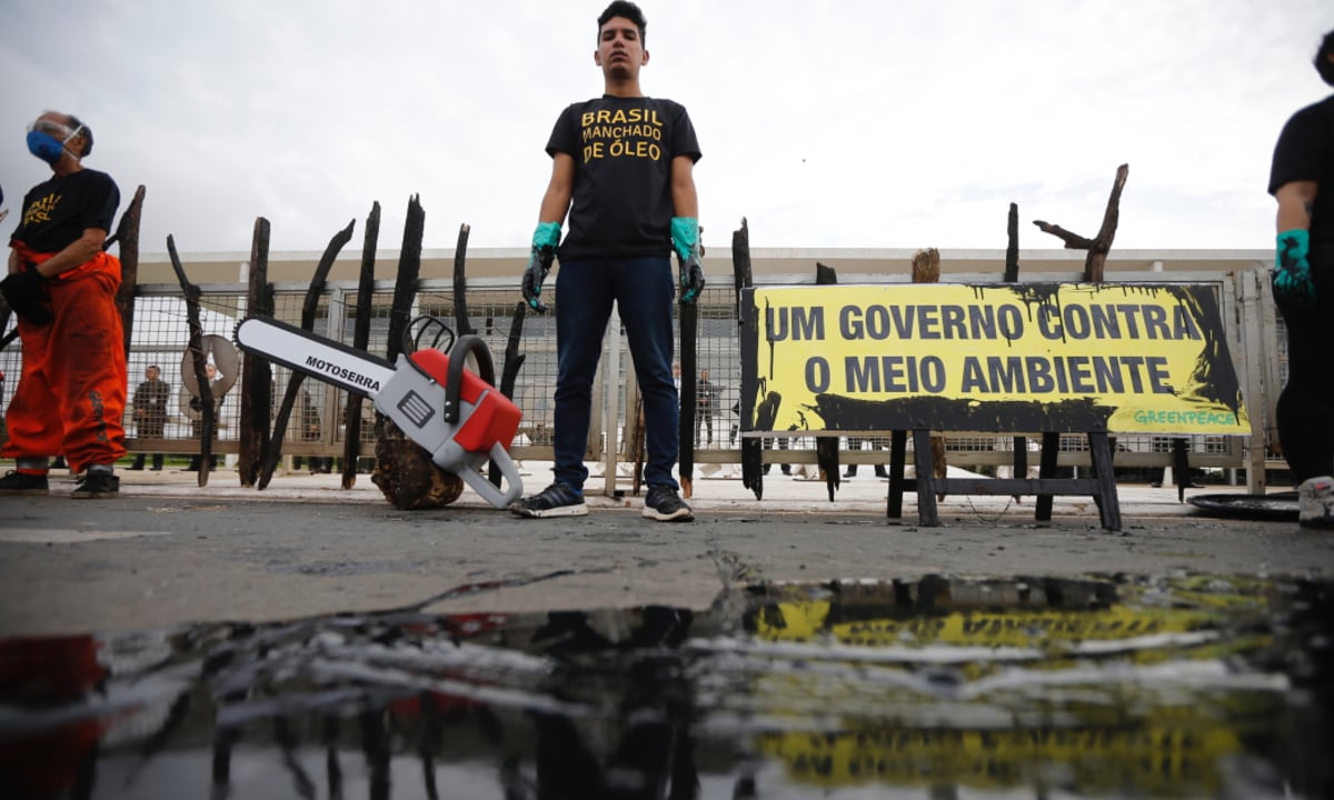 Militantes da ONG ambiental Greenpeace protestam pelo combate ao óleo vazado no Nordeste em frente ao Palácio do Planalto, em Brasília (Foto: Adriano Machado/Greenpeace) 