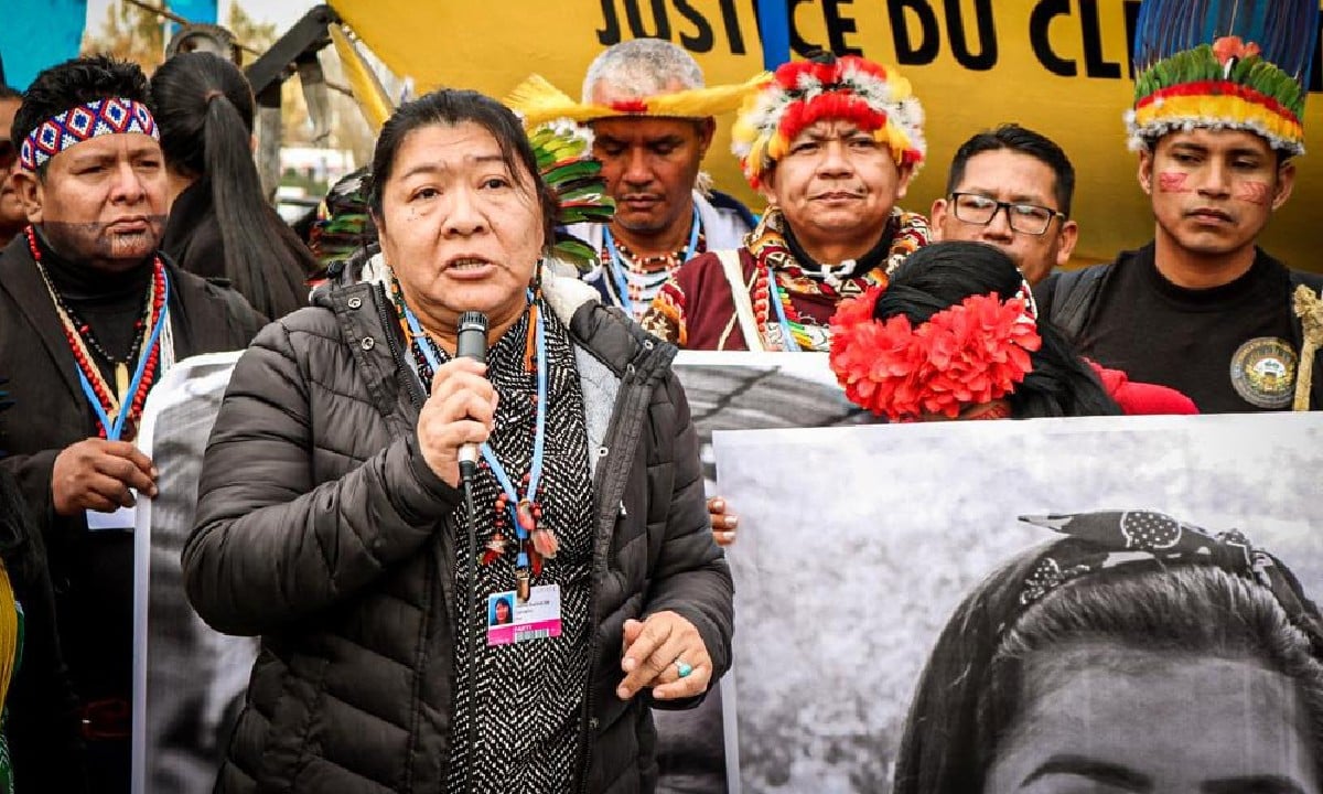 Joenia Wapichana, única parlamentar indígena do Congresso Nacional, em protesto na COP25 (Foto: Eric Marky Terena/Mídia Índia) 