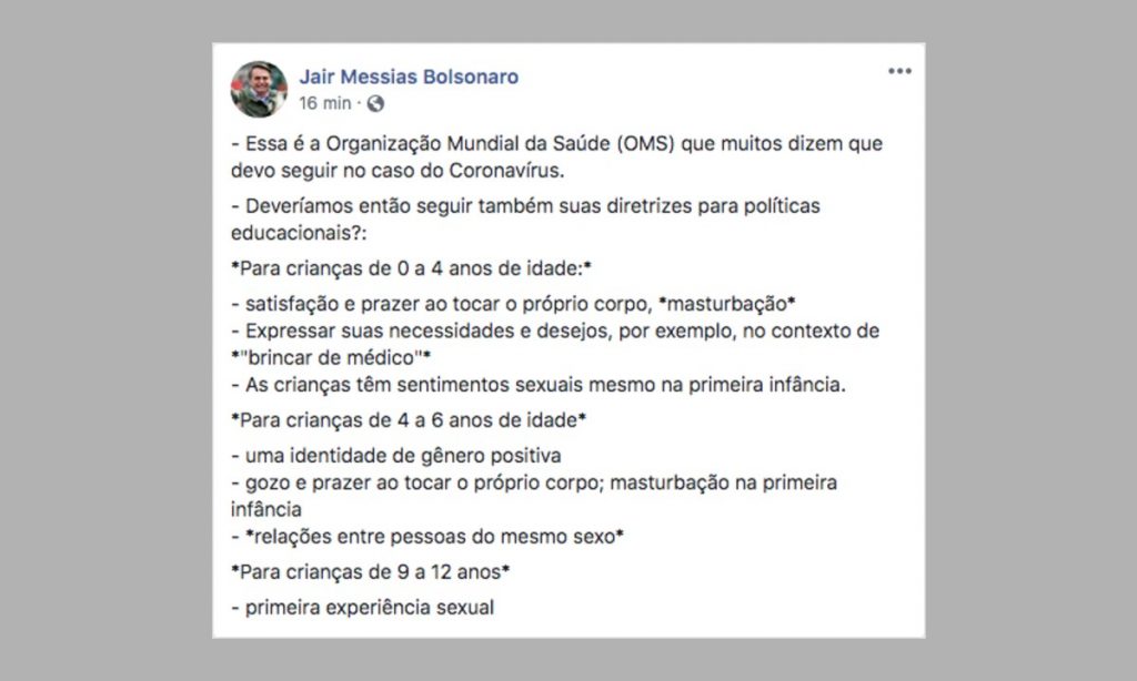 Bolsonaro acusa OMS de incentivar sexualidade infantil, mas recua e apaga post