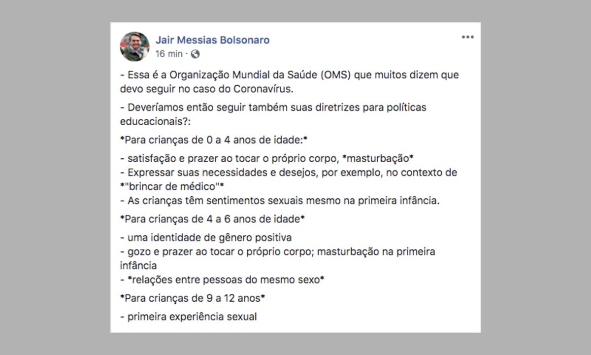 Bolsonaro acusa OMS de incentivar sexualidade infantil, mas recua e apaga post