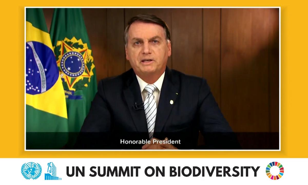 O presidente Jair Bolsonaro, em discurso na Cúpula da Biodiversidade da ONU. Foto: Reprodução 
