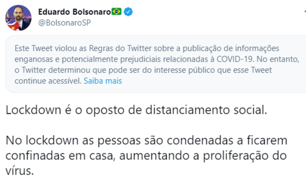 Twitter aponta publicação de Eduardo Bolsonaro como ‘enganosa’