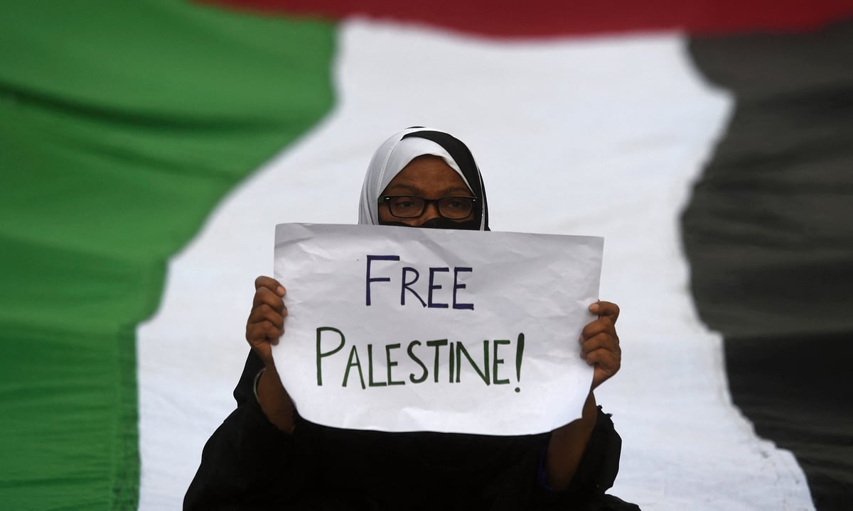 Mulher no Paquistão protesta contra ataques de Israel à Palestina. Foto: Asif Hassan/AFP 