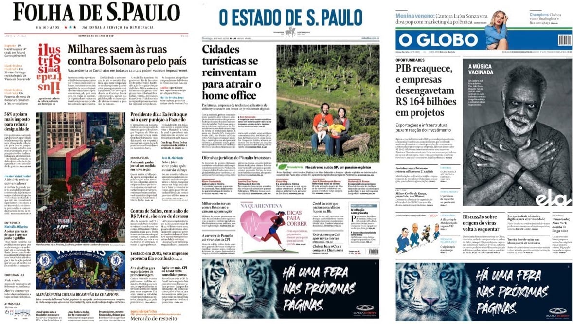 Só Folha de São Paulo, dentre os três jornais de maior circulação no País destacou, com devida manchete, os protestos com uma foto de uma Avenida Paulista preenchida de manifestantes em sua capa de hoje. Crédito: Reprodução  