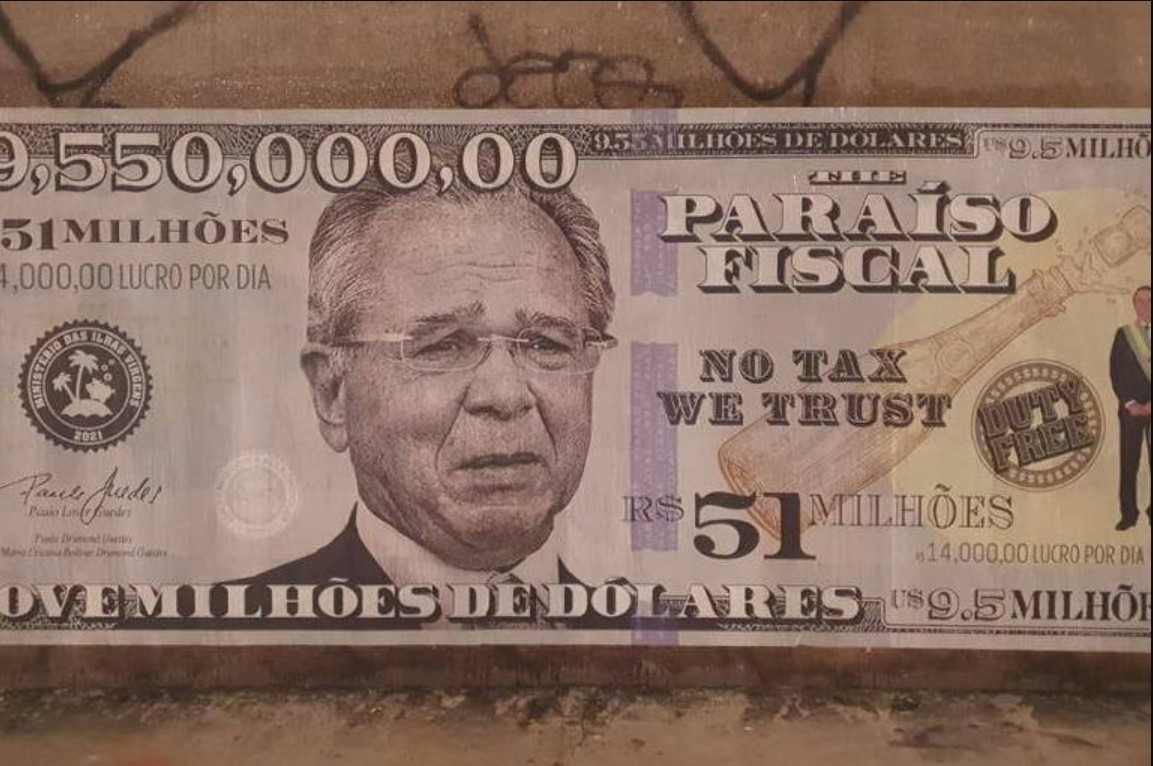 Muros da Faria Lima amanhecem estampados com rosto de Guedes em nota de US$ 9,5 milhões