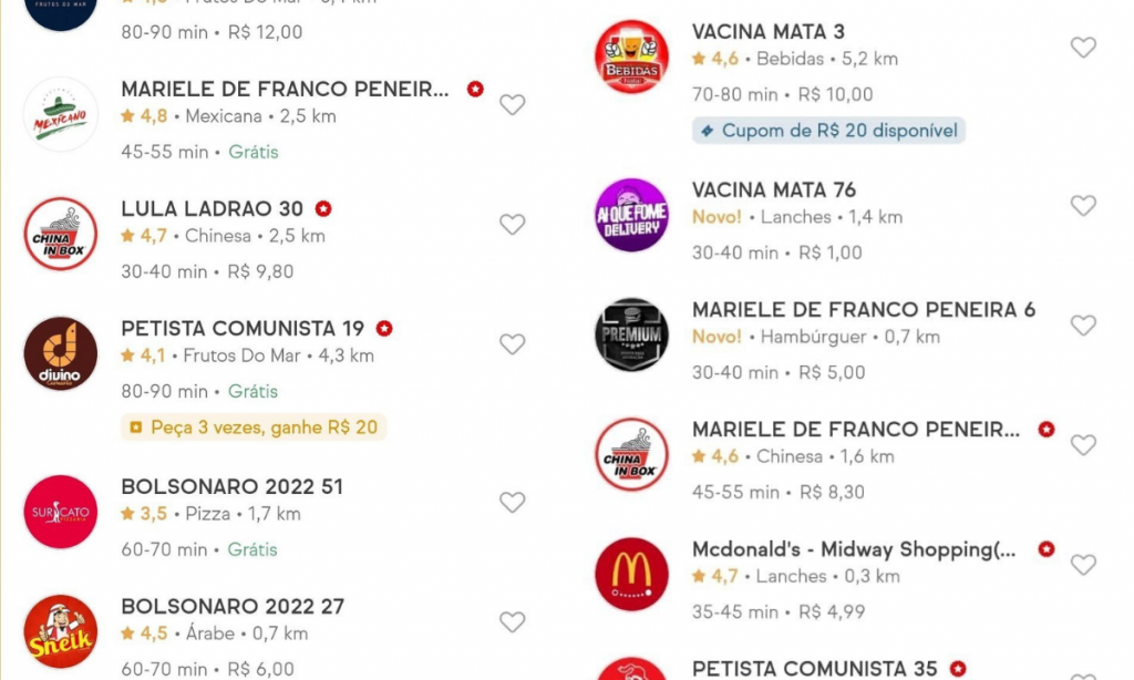 iFood tem nomes de restaurantes trocados por ataques a Marielle e discurso bolsonarista