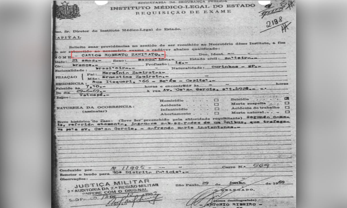 Pedido de laudo cadavérico enviado pela Secretaria de Segurança ao IML de São Paulo. Foto: Reprodução 