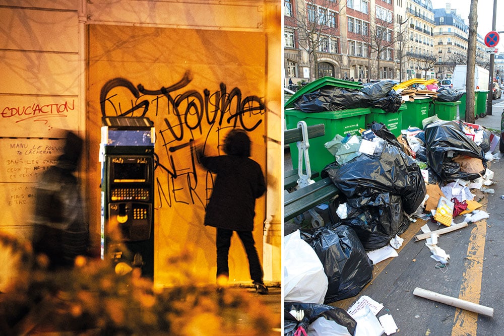 Descaso. Os parisienses andam incomodados com as “ofensas” à arquitetura da cidade, uma das mais visitadas do mundo – Imagem: Marie Magnin/Hans Lucas/AFP e Gilles Targat/Photo12/AFP 