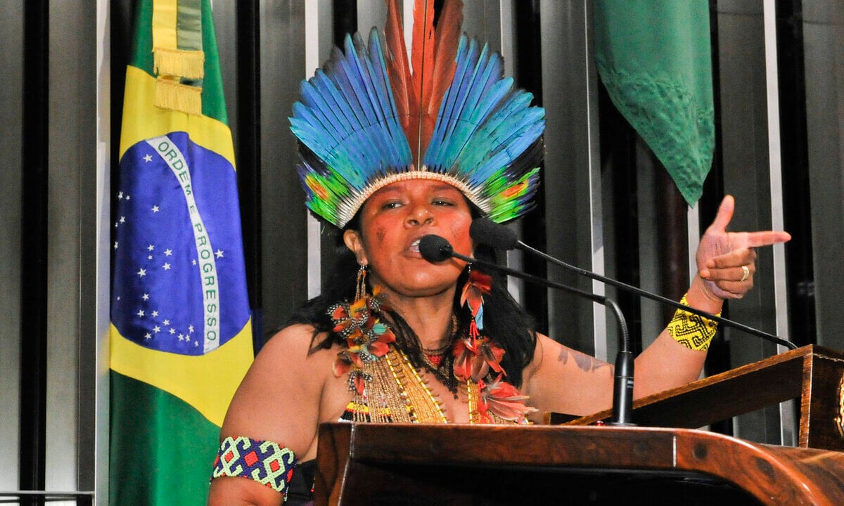 Em discurso no plenário do Senado, em 2015, a coordenadora executiva da Articulação dos Povos Indígenas do Brasil, (Apib Brasil), Sonia Boni Guajajara. Foto: Waldemir Barreto/Agência Senado 