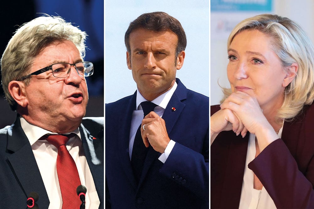 Cerco. Melénchon (à esquerda) e Marine Le Pen (à direita) prometem infernizar o segundo mandato de Macron, o grande derrotado nas eleições legislativas - Imagem: RN 2022, Bertrand Guay/AFP e Gonzalo Fuentes/AFP 