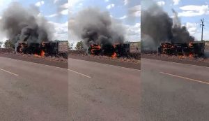 Veículo do Exército tomba e pega fogo em rodovia que dá acesso à fronteira com a Guiana