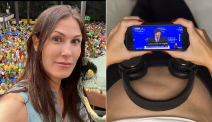 Grávida, pré-candidata do Novo à prefeitura de SP põe Milei para feto ‘escutar’