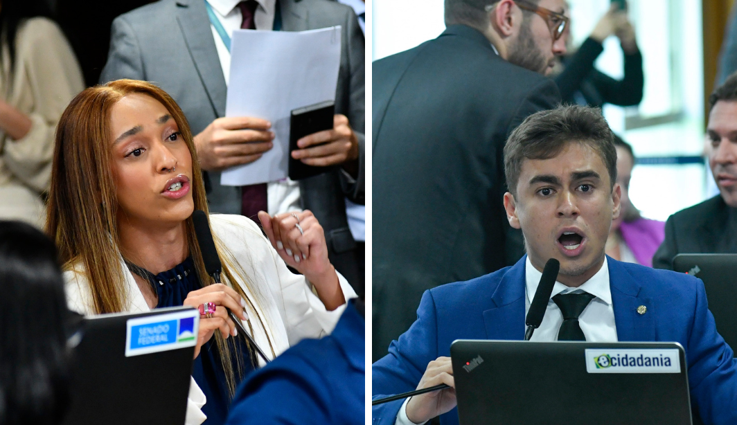 Imagem dividida mostrando os deputados Nikolas Ferreira e Erika Hilton em momentos de discurso na Câmara, com o fundo do plenário.