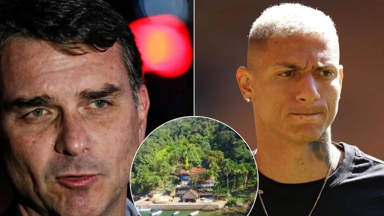 Montagem com senador Flávio Bolsonaro (PL-RJ) e jogador de futebol Richarlison lado a lado (Foto 1: Bruno Peres / Agência Brasil | Foto 2: Reprodução / Redes sociais | Foto 3: Reprodução)