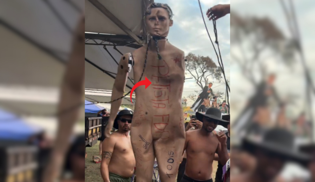 Grupo simula enforcamento de boneco ‘petista’ em Barretos
